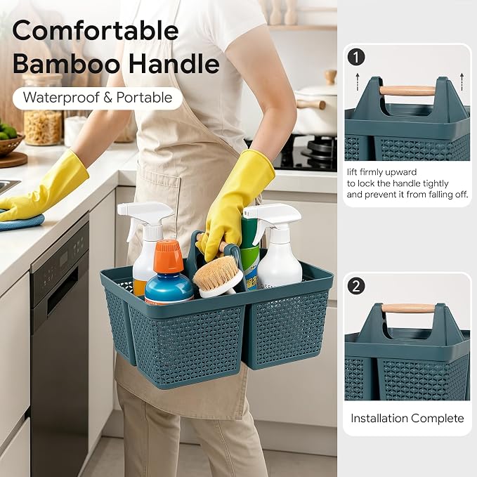 Portable Plastic Shower Caddy Basket with Wooden Handle, Bluish Green | Divided Storage Organizer Tote for Bathroom, Dorm, College, Kitchen & RV – Lightweight, Easy-Carry Essentials Caddy