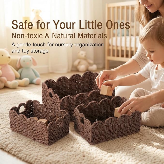 Scalloped Wicker Basket Set of 3, Hand-Woven Storage with Handles | set of 3 brown scalloped baskets with handles. Hand-woven paper rope for shelves, bathroom or closet. Stackable, sturdy.