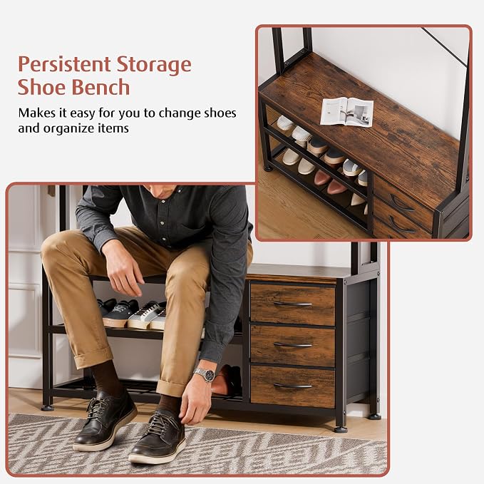 Hall Tree with Bench and 3 Drawers Storage, 39.4" Coat Rack Freestanding