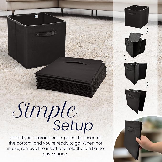Reli. Storage Cubes (8 Pack) | Black Fabric Cube Bins 11"x11" | Collapsible Organizer | Reinforced Handles | Space-Saving Foldable Design | Children's Toys, Clothes, Craft Supplies, Linens