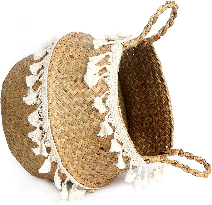 Tassel Macrame Woven Seagrass Belly Basket for Storage, Decoration, Laundry, Picnic, Plant Basin Cover, Groceries and Toy Storage (Large, Tassel)