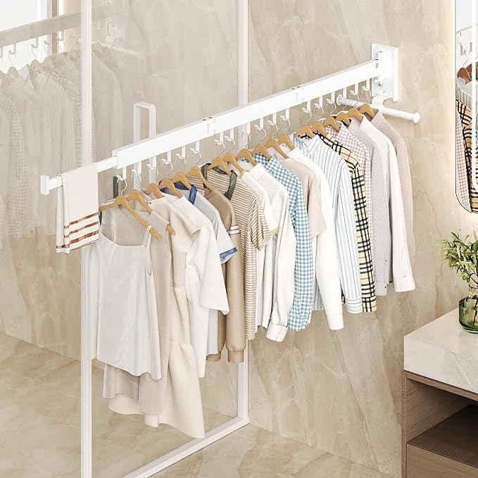 HEILAIYI Wall Mounted Clothes Hanger,Clothes Drying Rack,Laundry Drying Rack,Clothes Rack Wall Mount,Drying Rack Clothing,Retractable,Collapsible,can Fold Upward & Left & Right (Upgrade-White)
