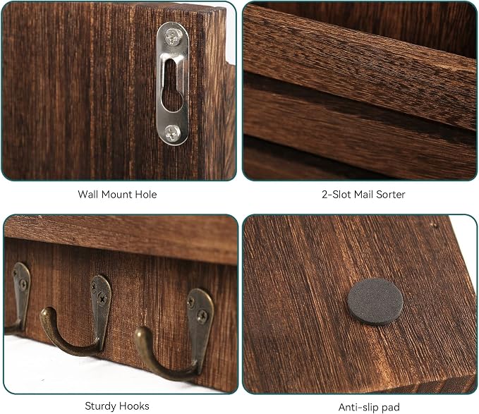 Mail Organizer Wall Mount with 4 Key Hooks, Rustic Wooden Hanging Mail Sorter Farmhouse Key Holder for Wall Decoration, 2-Slot Wall File and Magazines Bill Letter Holder (Brown)