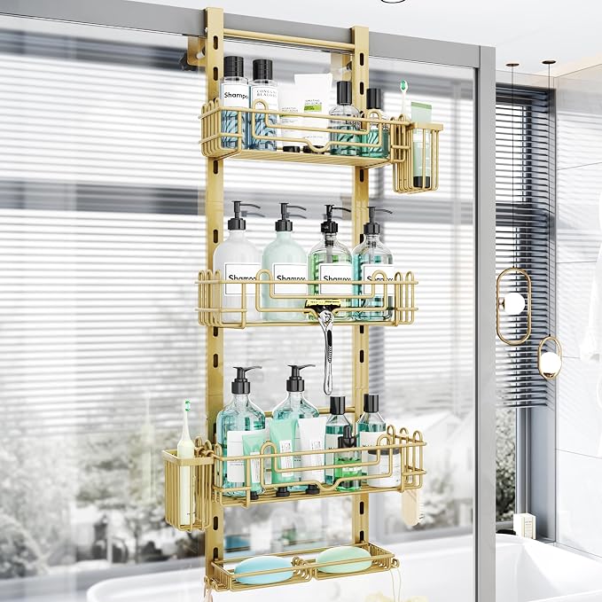 HapiRm Hanging Shower Caddy Organizer - Shower Shelf with 22 Hooks and 2 Toothbrush Holders, No Drilling Adjustable Hanging Bathroom Organizer - Gold