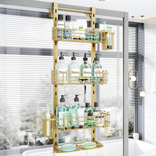HapiRm Hanging Shower Caddy Organizer - Shower Shelf with 22 Hooks and 2 Toothbrush Holders, No Drilling Adjustable Hanging Bathroom Organizer - Gold