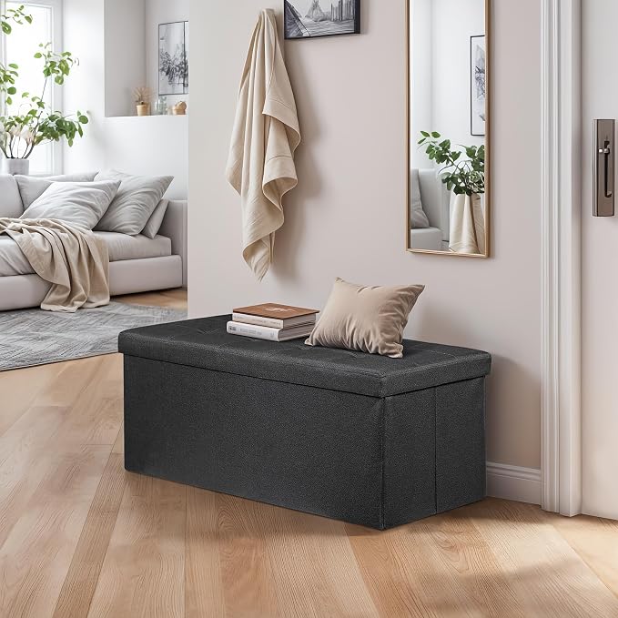 ZenStyle 43Inches Storage Ottoman Bench, Folding Footrest Padded Seat, Storage Chest Long Shoes Bench with Divider, Holds up to 660 lbs, for Living Room, Entryway, Bedroom, Black