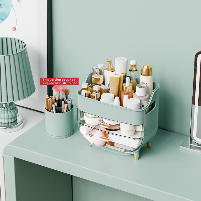 Green Make up Organizers for Counter,Vanity and Dresser,Bathroom Makeup Organizer Countertop,Large Makeup Storage Organizer for Hair Tool,Beauty Products,Skin Care and Cosmetic Display Cases