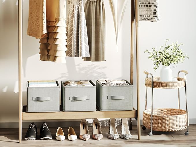 LayerSpace 3 Pack Fabric Storage Bins for Shelves | 16.25x12x10in Closet Storage Baskets | Collapsible Storage Bins |Fabric Closet Organizers with Handles | Light Gray | Thickened Rigid PP Panels, Cotton-linen Shelf Baskets, Measure 16.25"L x 12"W x 10...