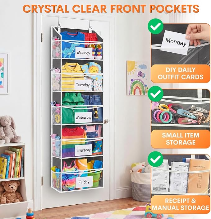 Ofiray-home 2P 5Tiers Over Door Organizer,Weekly Clothes Organizer for Kids | 5 clear PVC front pockets, 10 mesh side pockets, weekly outfit planner, for kids, dorm, entryway, RV, 50 lbs capacity