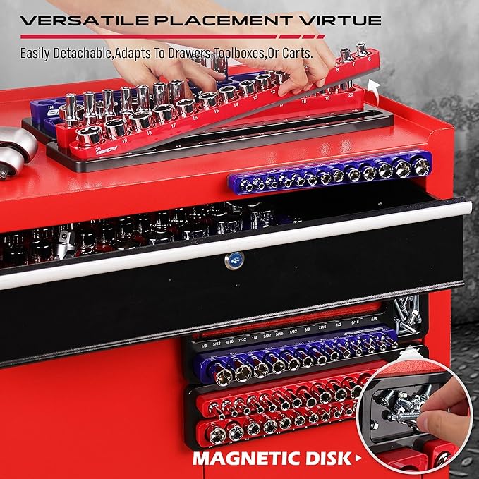Magnetic Socket Holder Organizer Set: 6-Piece Detachable 1/2 3/8 1/4 Drive Sockets Storage Tray Magnetic Socket Organizer Tool Box Drawer Tool Box Organizers Storage Metric SAE (Sockets Not Included)