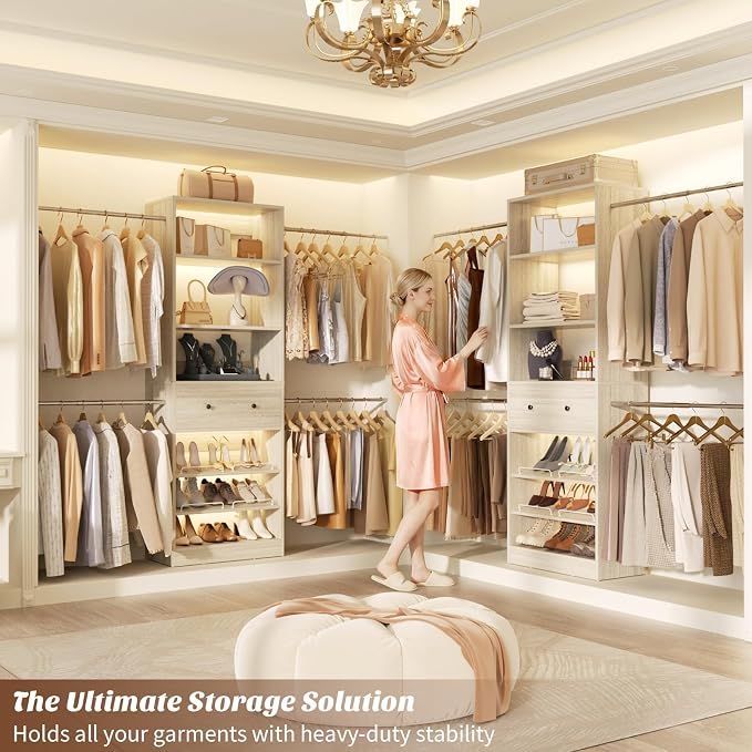 Wood Closet Organizer System - 4FT-9FT Expandable Wardrobe Closet with Drawer & 4 Hanging Rods, Heavy Duty Walk-in Closet 1000Lbs for Bedroom Walk-in Closet, White Oak