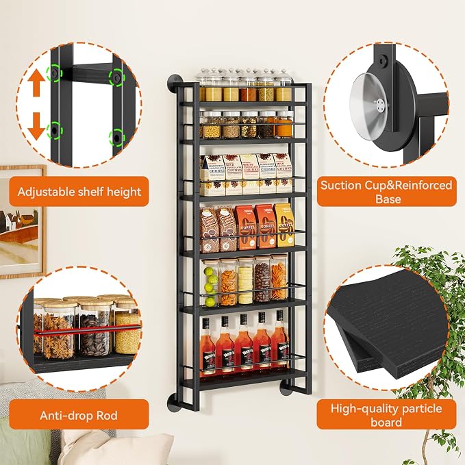 IBUYKE Over the Door Spice Organizer,Door or Wall Mount,Black TLJ028B | 6 Tier Wall Mounted Spice Rack Adjustable Hanging Storage Shelves Spice Organization for Kitchen cabinet Bathroom Closet