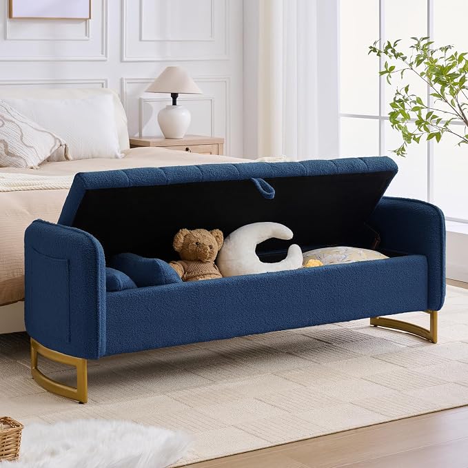 66'' King Size Storage Bench for Bedroom, Teddy Boucle End of Bed Benches for Foot of Bed, Storage Ottoman Bench with Golden Legs and Pockets for Living Room Window Entryway, Blue