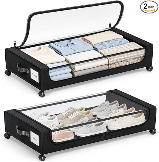 Camkey® Under Bed Storage with 360° Wheels, 2-Pack, 60L Low-Profile Rolling Underbed Bins for Clothes, Shoes, Toys & Books,Easy Pull-Out, Dust Protection, Space-Saving Organizer for Bedroom/Dorm,Black