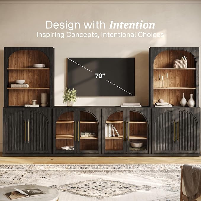 BELLEZE 6-Piece Modular TV Stand Set - 2 Arched Glass Cabinets, 2 Double-Arc Wood Door Bases, and 2 Hutch Units, Classic Modern Entertainment Center with Adjustable Shelves for Living Room(Ebony)