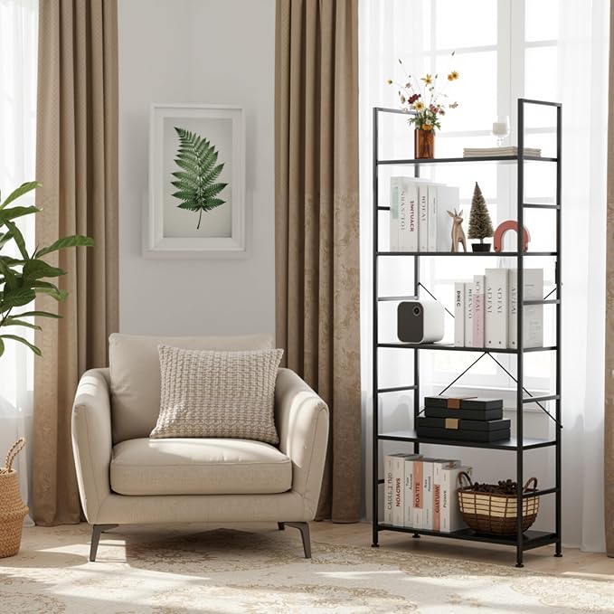 HealSmart 5 Tier Bookshelf, Free Standing Book Shelf Home Office Bookcase Shelf Storage Organizer for Bedroom, Living Room, Bathroom, Office, Balcony, Black