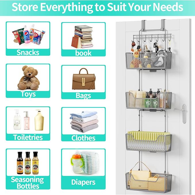 HapiRm Over The Door Organizer - Hanging Door Organizer with 4 Metal Large Capacity Baskets and Adjustable Coat Hook for Bathroom Bedroom Kitchen Pantry Closet Cabinet