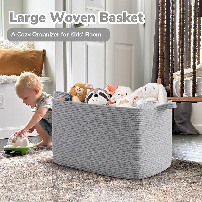 Goodpick 85L Large Woven Blanket Basket 23.6" x 15.7" x 13.8" Cotton Rope Storage Organizer for Dirty Clothes Pillows, Rectangle Toy Storage Basket for Nursery Bedroom, Gray