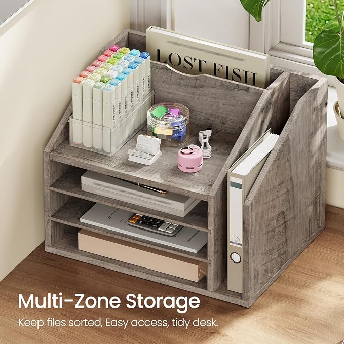 Wooden Desk Organizer with Adjustable Partitions, Multi-Layer Desktop File Holder for Home Office, Paper & Stationery Storage Organizer, Greige MWJ04FH