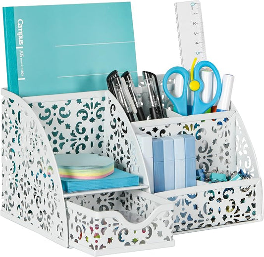 EasyPAG Desk Organizer and Pen Holder for Desk, Mesh Office Supplies Storage Caddy with Drawer for Small Space, Desktop Organizer for Home Office, White