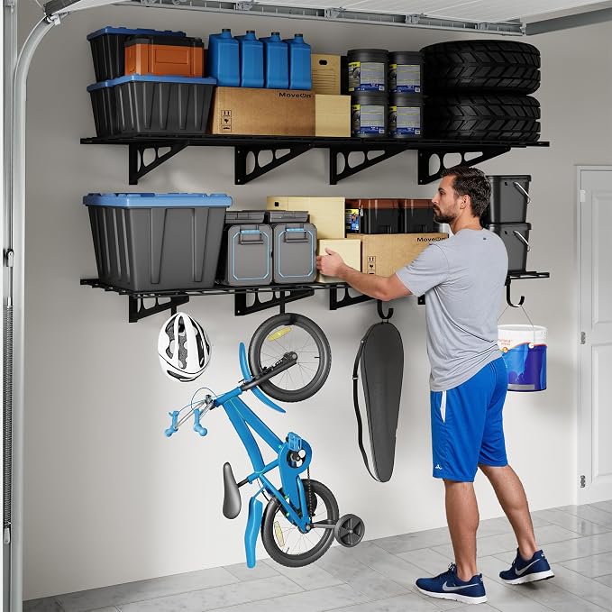 FLEXIMOUNTS 2-Pack Garage Shelving with Hooks, 2x6ft Storage Shelves, Black | 24-inch-by-72-inch Wall Shelf Garage Storage Racks Floating Shelves, Rustproof Seamless Grid Design, Classic Series