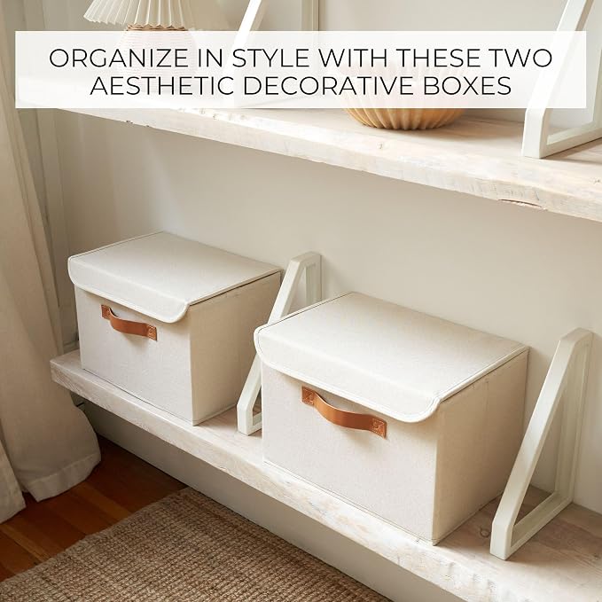 ZICOTO Decorative Linen Storage Boxes with Lids - Large Set of 2 Organizer Bins for Your Home Decor - The Perfect Container to Safely Store Photos, Documents and Memory Box Keepsakes in Style