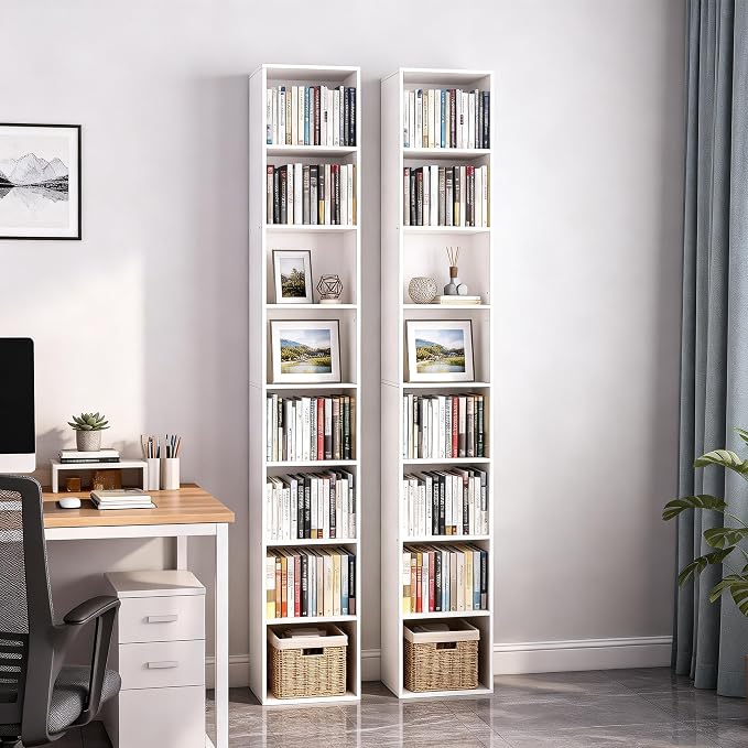 8-Cube Storage Organizer Bookcase, White, Tall Narrow Bookshelf for Home Office (White)