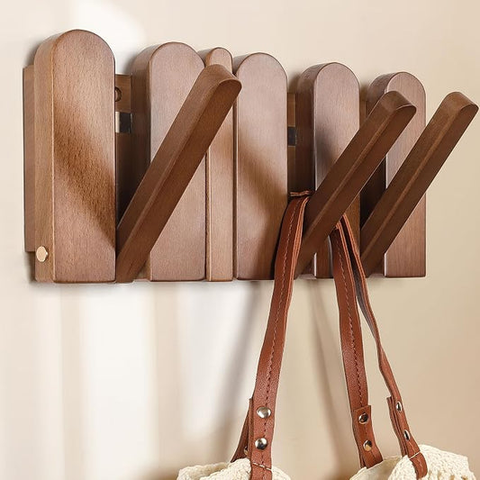 Wall Coat Rack for Entryway: Folding Wood 4 Hooks for Small Space | Modern Heavy Duty Wall Mounted for Mid Century Home Decor Bathroom Hallway Bedroom for Hanging Towel Jacket Backpack Bag