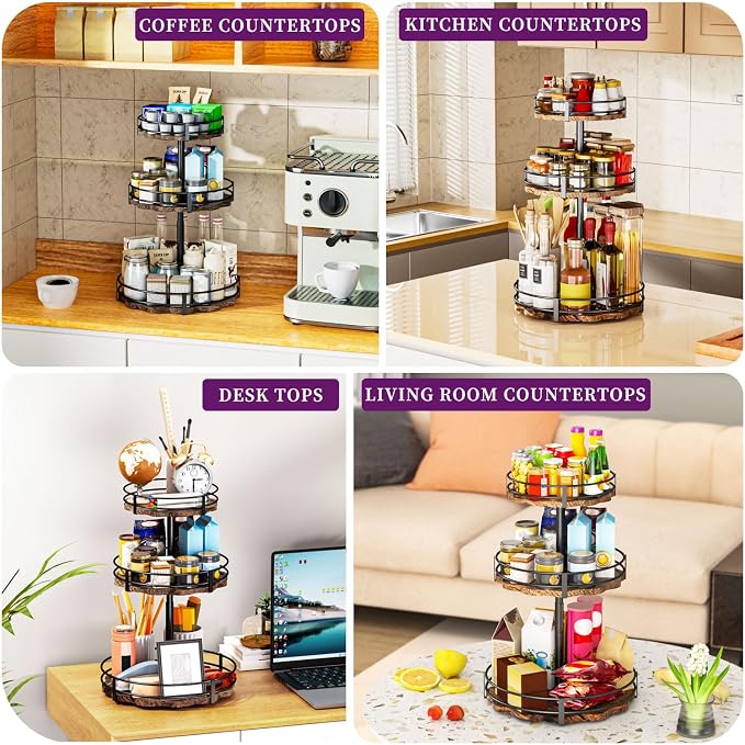 Heavy-Duty 3-Tier Lazy Susan Organizer, Adjustable to Different Heights, Countertop Spice Rack, Upgraded Thickened Wooden Board, Suitable for Seasoning Organizer, Kitchen Organization（2 Pack）