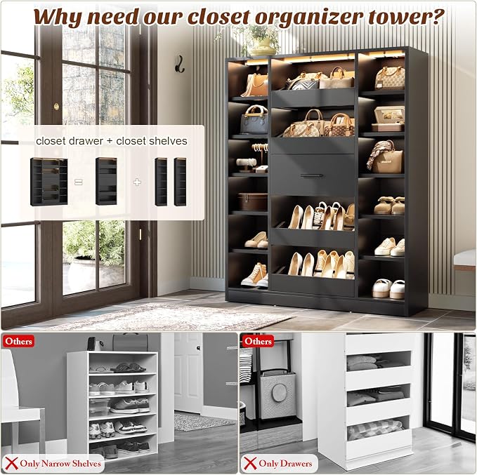 Besiost Shoe Cabinet with 12 Shelves & 5 Drawers, Wood Shoe Rack with Light | Holds Up to 30+ Pairs of Shoes, Vertical 40" W Shoe Storage Cabinet for Entryway, Hallway, Walk-In Closets, Black