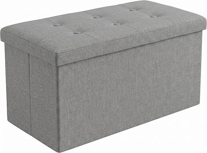 HOME DESIGN Florence 30" Upholstered Folding Storage Ottoman Bench, Tufted Top, Space-Saving Storage, Gray Linen Fabric