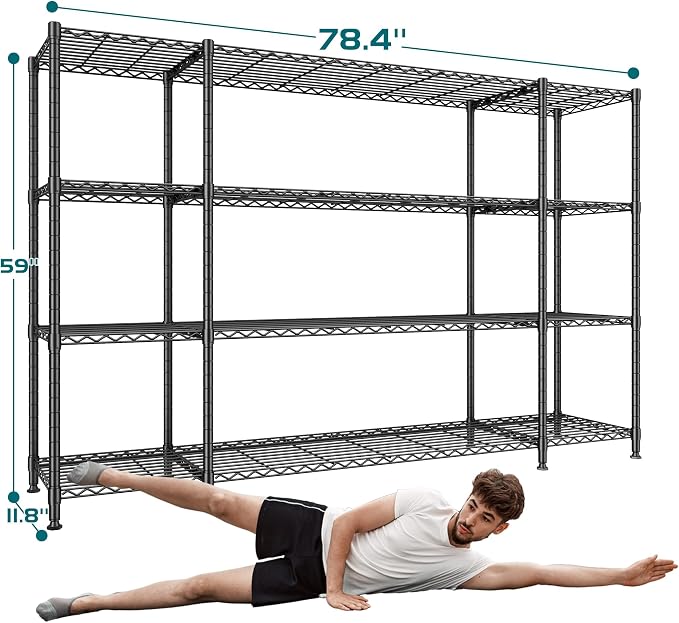 REIBII 78.4''W Storage Shelves, 1500LBS Heavy Duty&Space Saving for Garage | 4 Tier Adjustable Wire Shelving, Powder Coated, Tool-Free Metal Shelving, Scratch Resistant, Rust-resistant, three regular