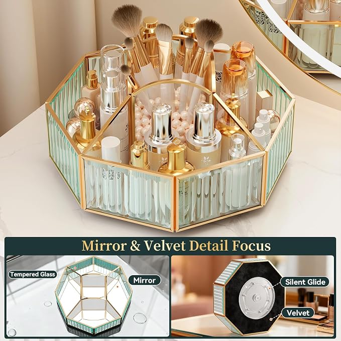 CoralHouse Rotating Glass Makeup Organizer for Vanity with Brush Holder | 5 clear compartments organize lipstick, perfume, palettes and skincare on a vanity, bathroom countertop or beauty station