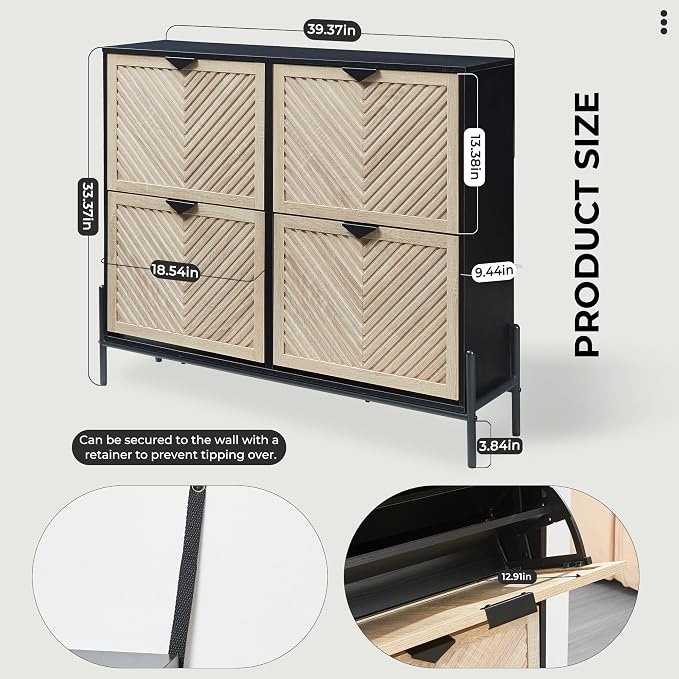 Shoe Cabinet with 4 Flip Drawers, Narrow Entryway Rack, Oak&Black | Slanted Wood Grain, Freestanding, Adjustable Compartments, Removable Middle Shelf, Metal Handles, for Hallway Foyer Entrance