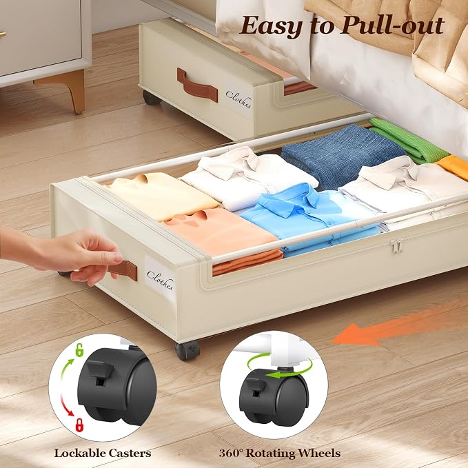 Yecaye Under Bed Storage with Wheels 2 Pack, 85 L Extra Large Under Bed Storage Containers with Metal Frame & Clear Lid, Rolling Underbed Organizer Bins Drawers for Clothes, Shoes, Blankets, Beige
