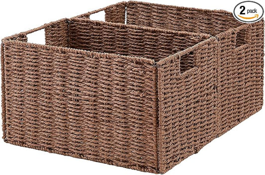 Vagusicc Wicker Storage Basket, Set of 2 Hand-Woven Paper Rope Wicker Basket, Small Storage Baskets for Organizing Toilet Paper Basket, Foldable Large Cube Storage Organizer Bins for Shelves (Brown)