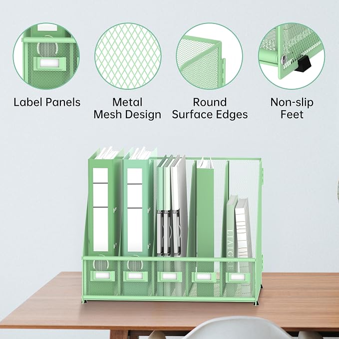 DALTACK 5-Slot Magazine File Holder, Metal Binder Holder, Mint Green | Iron Mesh Construction, Labeled Sections for Easy Sorting, Anti-Slip Feet, Binder and Folder Storage for Office, Classroom