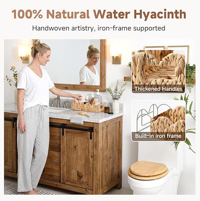 StorageWorks Wicker Scalloped Basket, Small Bathroom Baskets for Storage | Water Hyacinth Decorative Toilet Paper Basket with Handles , Back of Toilet Basket Tank Topper for Bathroom Decor
