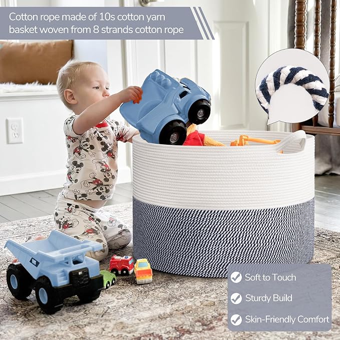 INDRESSME 115L Extra Large Woven Rope Blanket Basket Living Room, Navy | 23.6" x 15.7" Storage baskets for toys laundry & pillows. For living room, bedroom nursery decor. soft-touch, family-sized