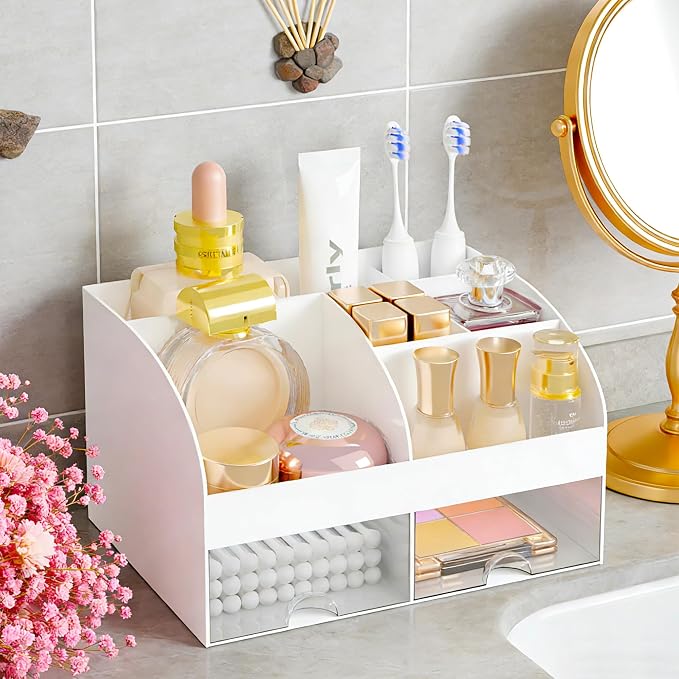 Makeup Organizer with 2 Drawers, Cosmetic Storage for Dresser Vanity and Bathroom Countertop,Make up organization and Skincare Storage with Beauty Brush Holder, Cosmetic Display Case (White)