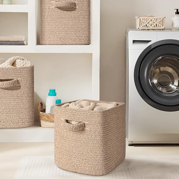 13 Inch Storage Cubes, 3 Pack Cube Storage Bins for Organizing, Cotton Rope Woven Baskets for Shelves, Bathroom, Kids Room, Closets, Baby Nursery