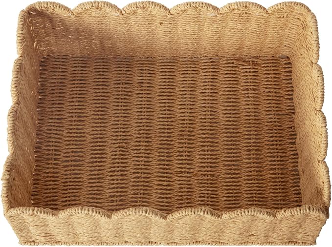 Scalloped Basket, Wicker Storage Baskets, Hand Woven Baskets for Shelves,Natural Baskets for Organizing (M-14" L x 10.5" W x 6" H)