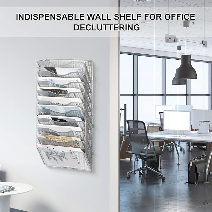 EasyPAG Wall File Organizer for Office 10 Pocket Mesh Wall Mounted Paper Organizer Hanging Folder Holder with Nametag Label for Home School, Silver