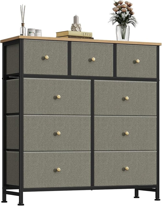 OLIXIS 9 Drawer Tall Dresser for Bedroom, Closet Organizers and Storage | Fabric Dresser with Wooden Top, Chest of Drawers for Clothes Storage, Tower Cabinet, Furniture, TV Stand, Dark Green