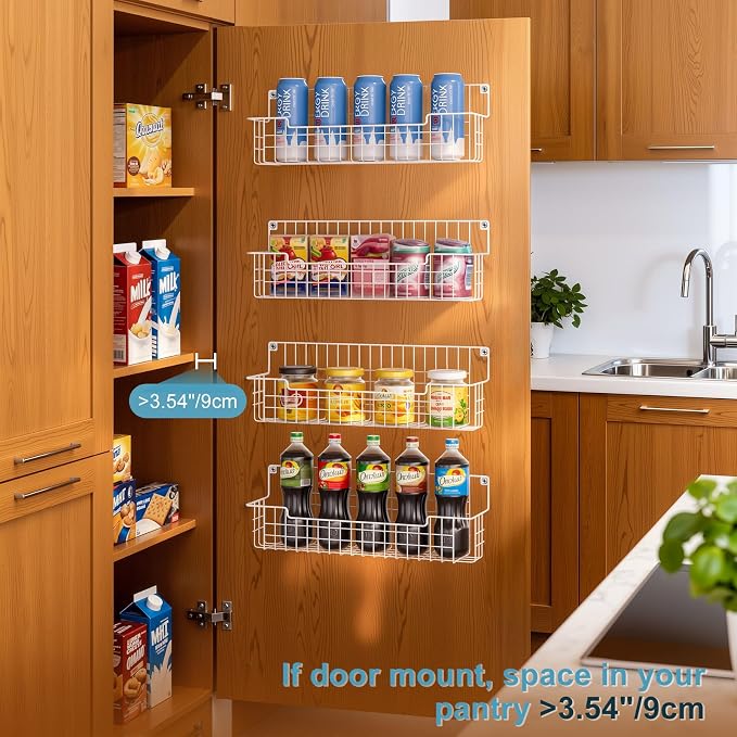 Spice Rack Wall Mount 4 Pack, Metal Wall Mounted Spice Rack Organizer for Cabinet Door & Pantry, Space-Saving Kitchen Spice Rack Shelf, White