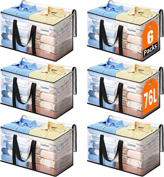Moving Bags, Extra Large Heavy Duty Storage Bags, 76L, 6 Packs | Packing Bags with Strong Zippers & Handles, Top Opening Foldable Storage Tote for Home Organization and College Dorm Move-In