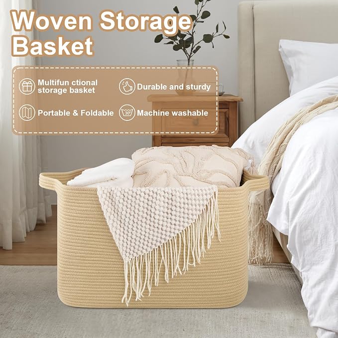 OIASKET 95L Extra Large Blanket Basket, 24" x 16.9" x 14.2" Woven Storage Basket for Living Room, Rectangle Nursery Blanket Storage for Toys, Towels, Dirty Clothes (Jute)