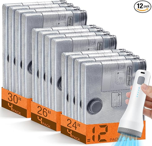 12 Pack Vacuum Storage Bags for Travel with Cordless Pump, Space Saver Bags for Clothes, Compression Packing Bags for Luggage, 12 Combo Size