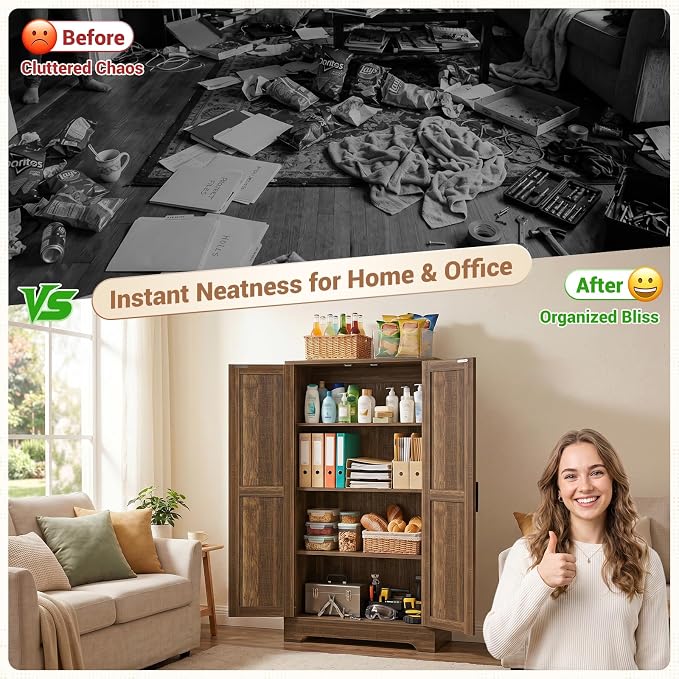 Unikito 43.3" Farmhouse Storage Cabinet with Doors and Adjustable Shelves | Wood Pantry Cabinet, Small Sideboard Cabinet, Short File Cabinet for Dining Room, Living Room, Bathroom, Home Office