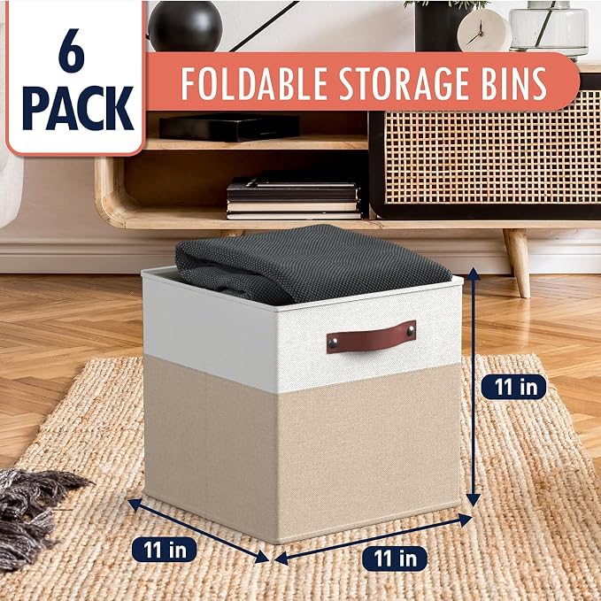 Ornavo Home 11x11 Foldable Fabric Storage Cube Bins, 6 Pack, White/Khaki | Collapsible Linen Shelf Basket Organizer; Leather Handles; Ideal Cube Storage For Closet